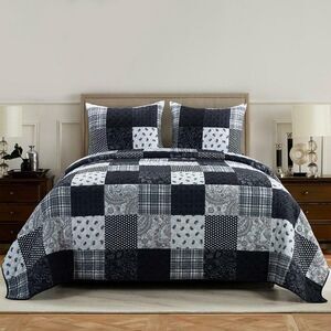 NEW! Black Farmhouse Patchwork Reversible QUEEN Quilt Set Diamond Block Cottage